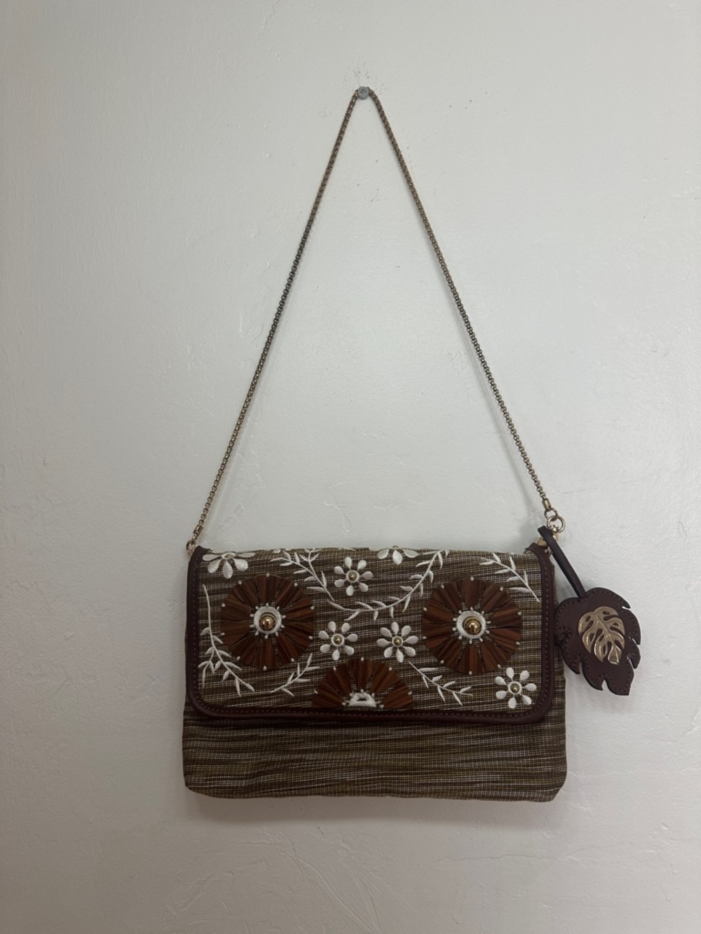 Tommy Bahama Brown Floral Embroidered Chain Shoulder Bag Charm Purse
